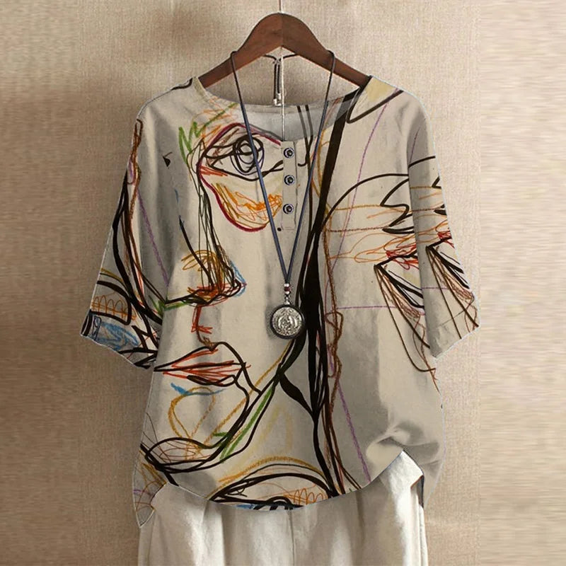 Anya | Womens Vintage-Inspired Relaxed Fit Round Neck Short Sleeve Floral Blouse 11