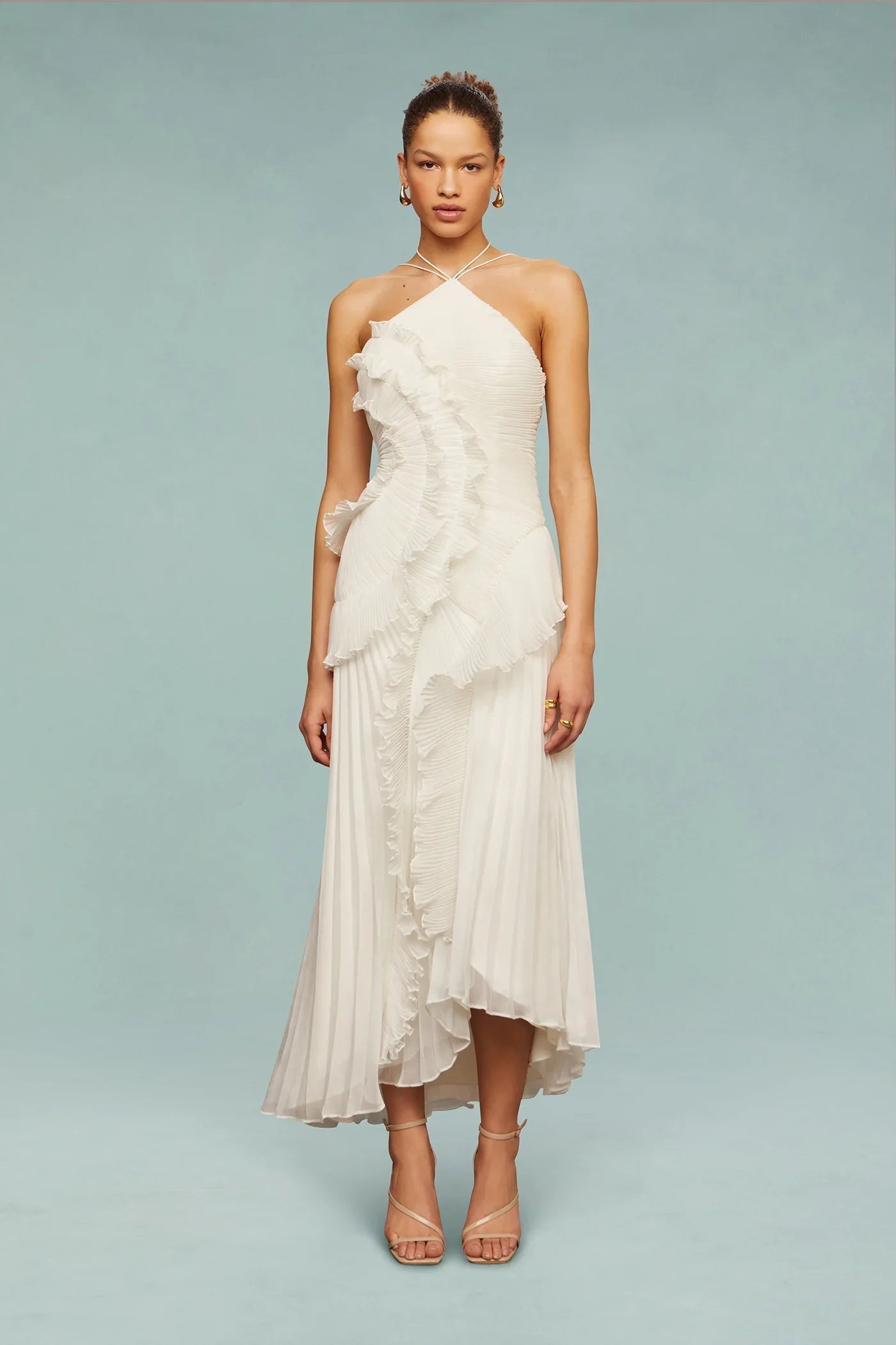 Brooklyn | Womens Wedding Guest Chiffon Halter Sleeveless Ruffle A-Line Maxi Dress 6