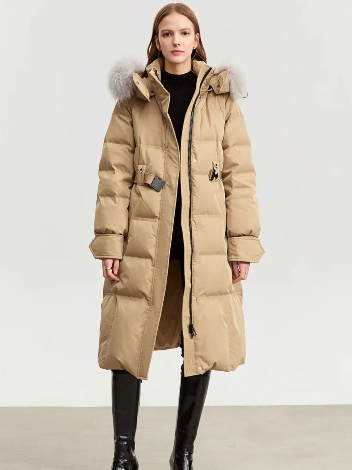 Isabella | Stylish Long Black Puffer Coat with Faux Fur Collar 2