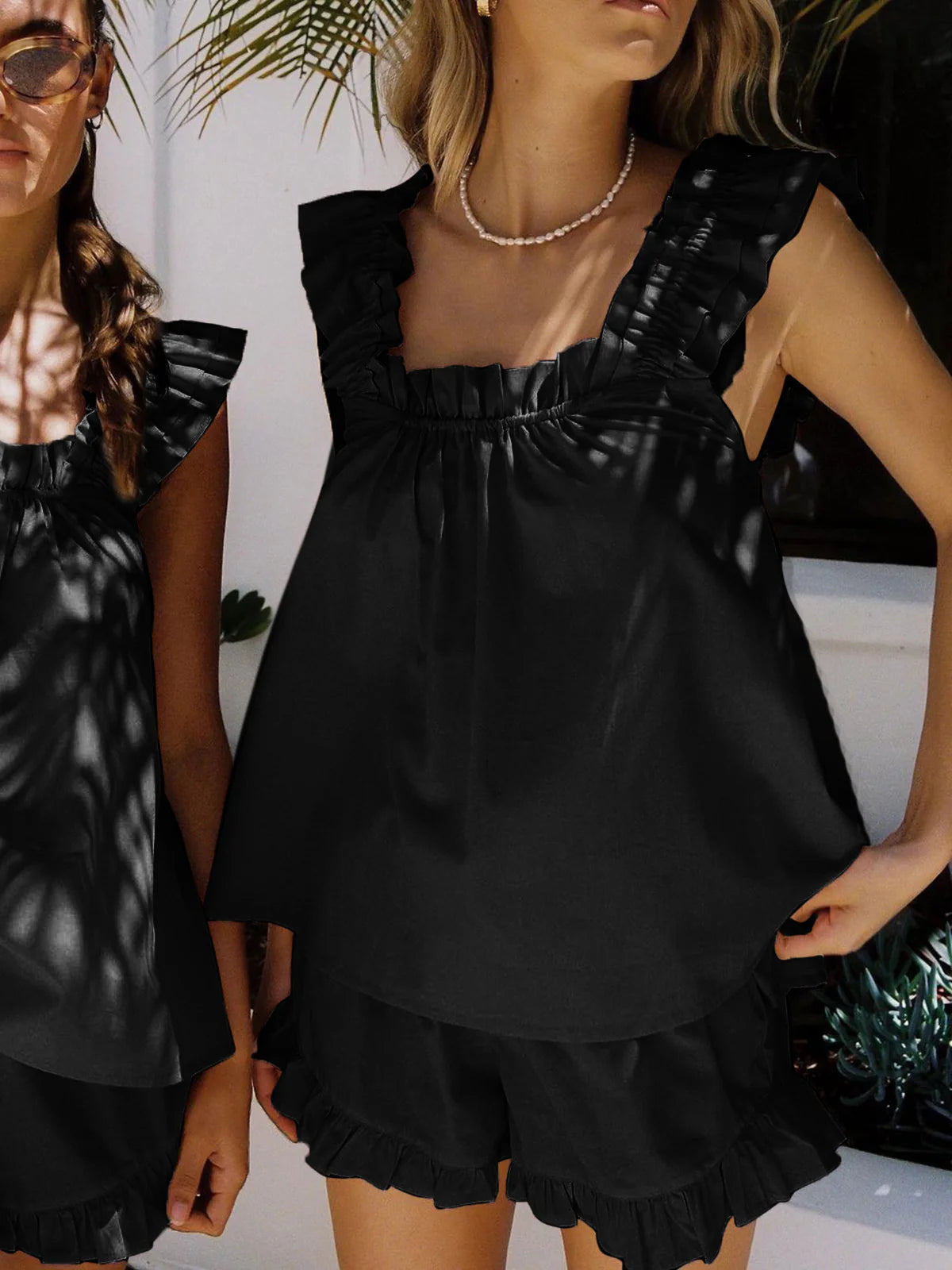 Seraphina | Womens Summer Holiday Linen Blend Sleeveless Ruffled Top Two Piece Short Set 7
