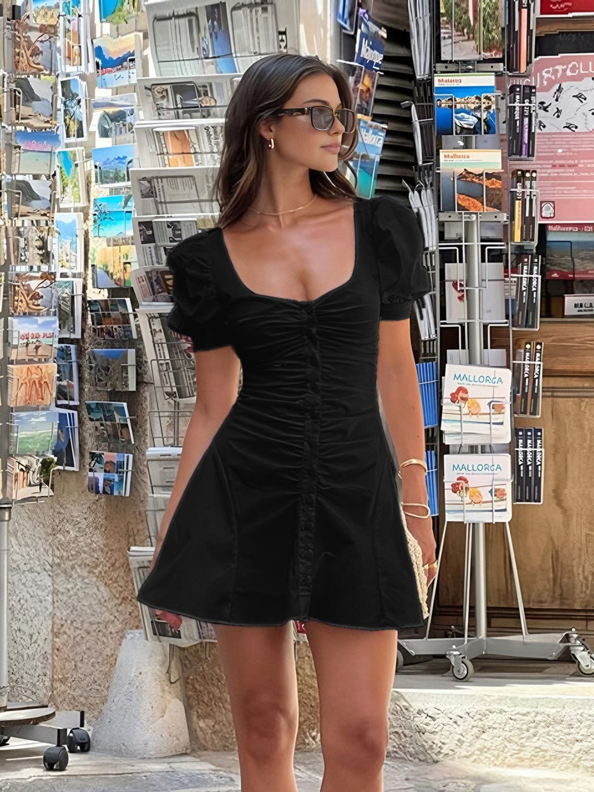Thea | Womens Summer Puff Sleeve Fitted Button Closure Mini Dress 5