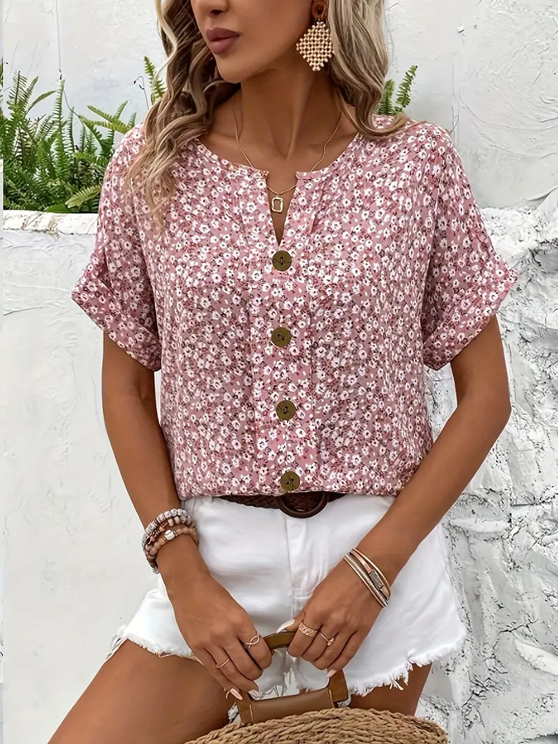Verna | Womens Chic Loose Fit V-Neck Short Sleeve Floral Print Blouse 5