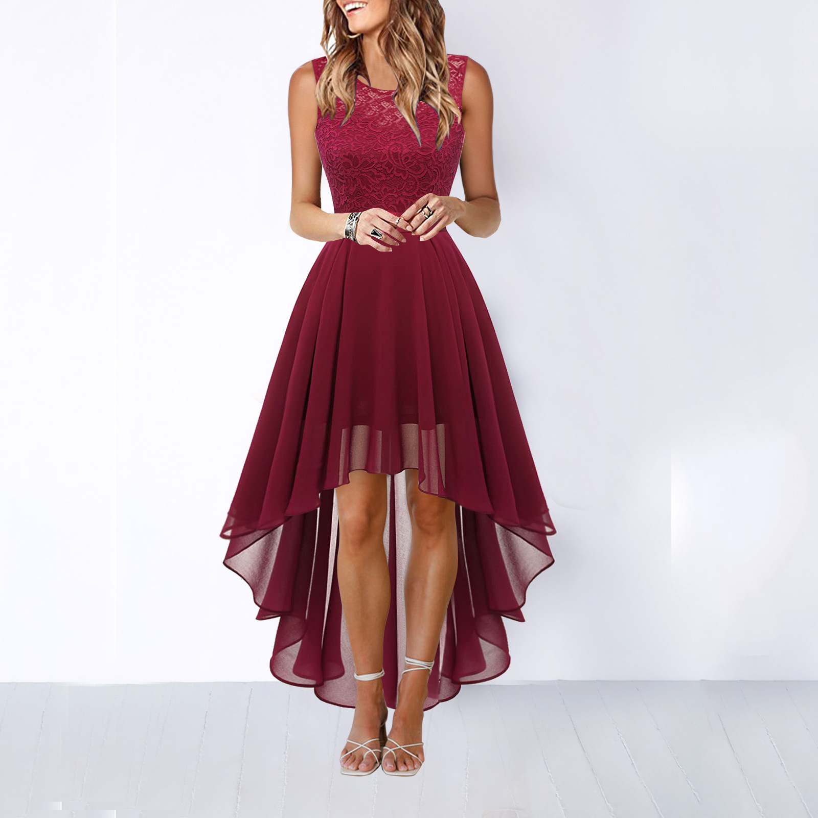 Alexis | Womens Wedding Guest Satin Cowl Neck Sleeveless A-Line High Low Dress 4