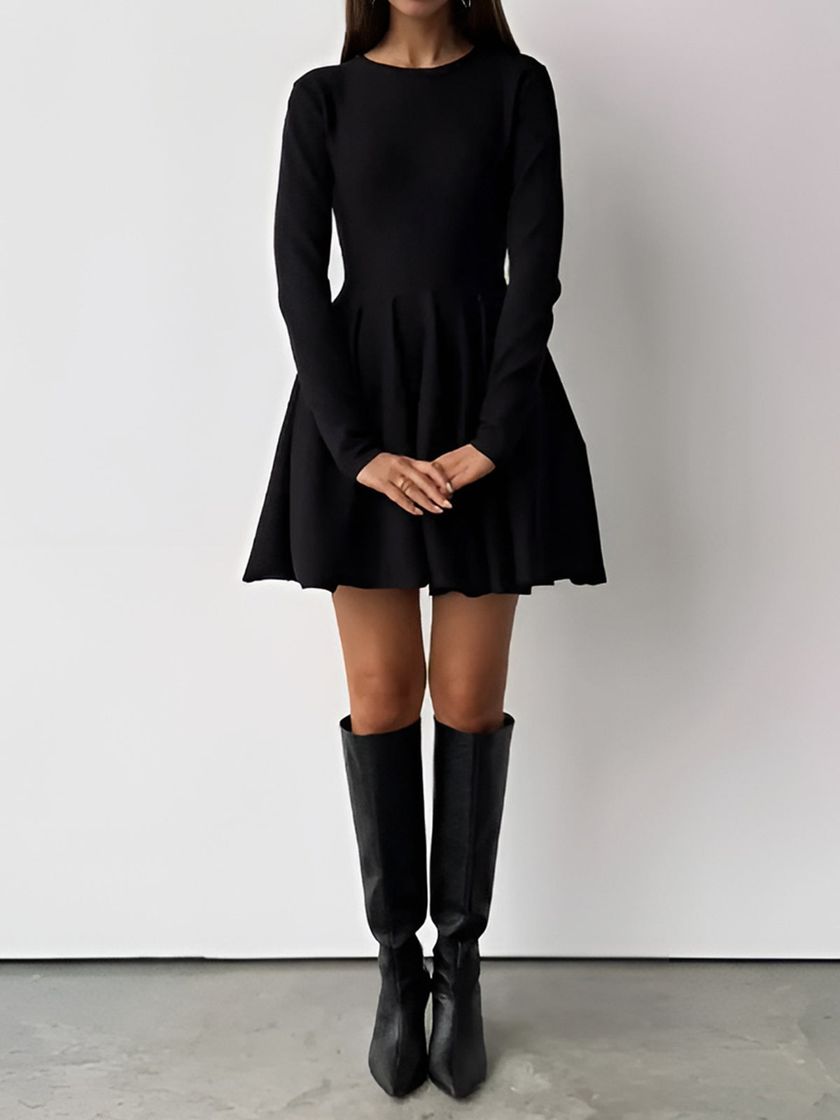 Alina | Womens Evening Round Neck Long Sleeve Flowy A-Line Midi Dress 11