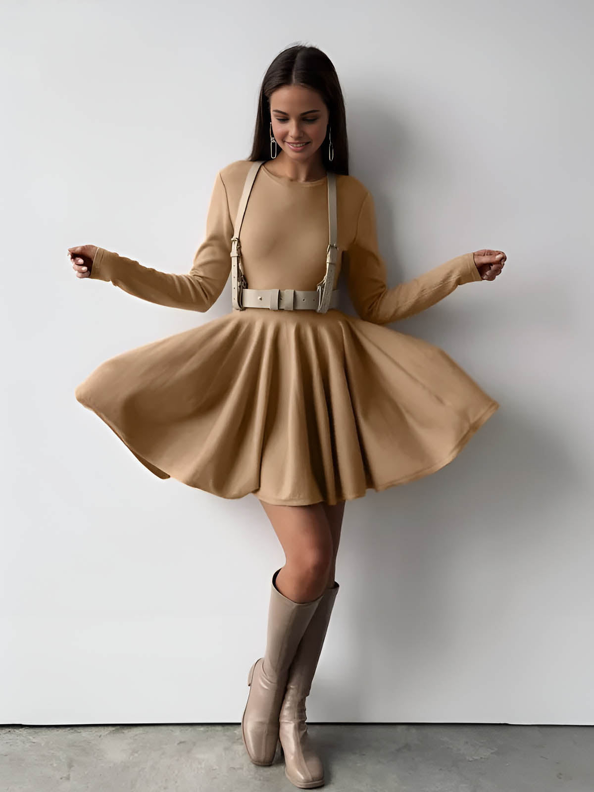 Alina | Womens Evening Round Neck Long Sleeve Flowy A-Line Midi Dress 7