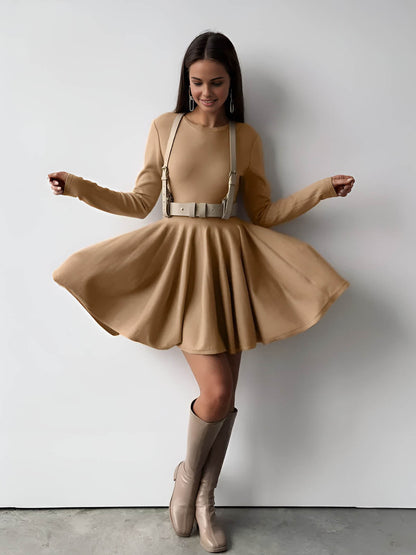 Alina | Womens Evening Round Neck Long Sleeve Flowy A-Line Midi Dress 7
