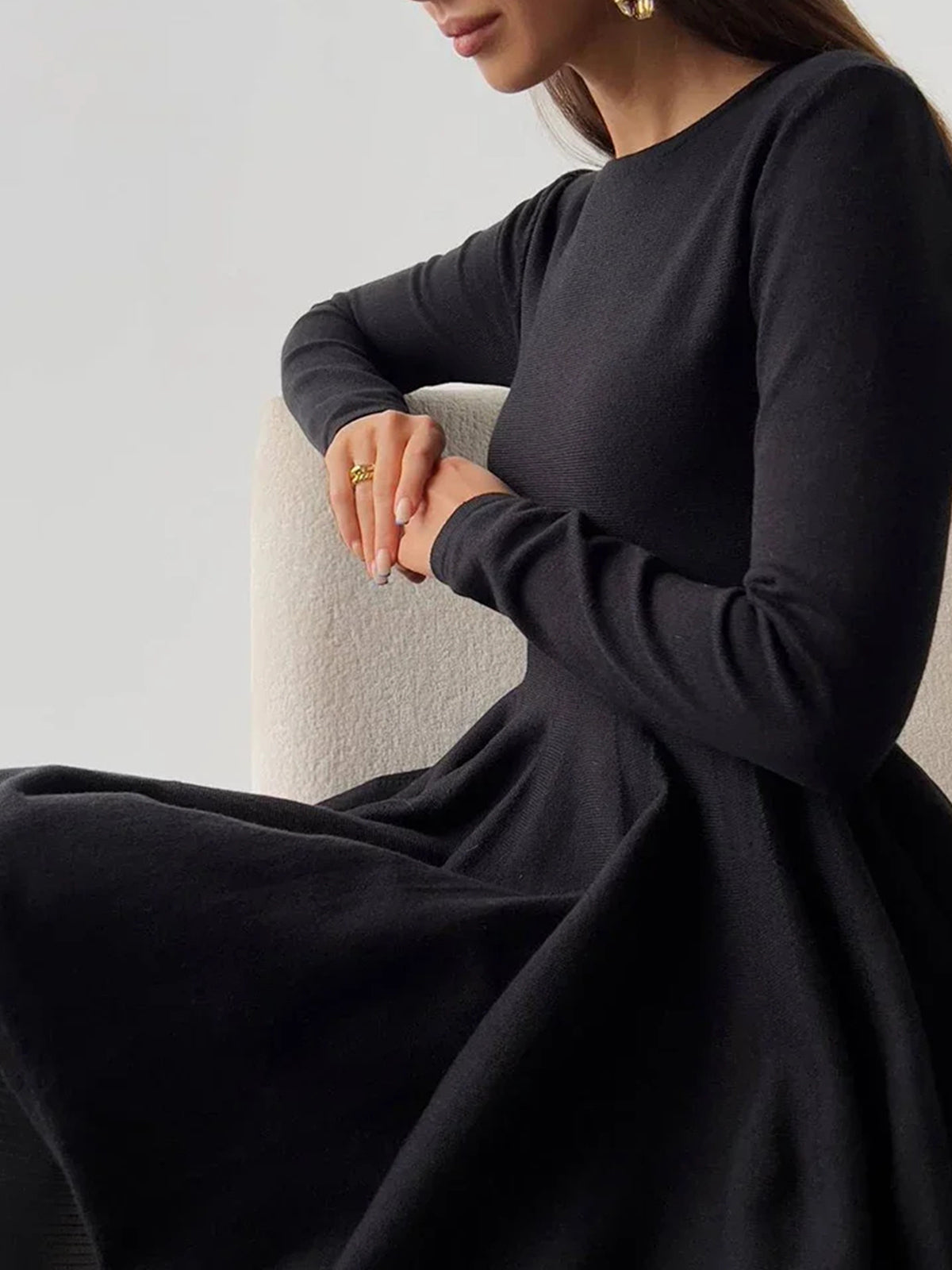 Alina | Womens Evening Round Neck Long Sleeve Flowy A-Line Midi Dress 8