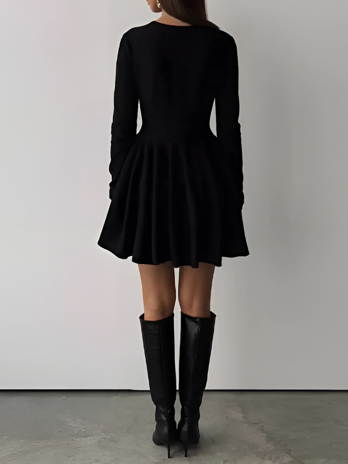Alina | Womens Evening Round Neck Long Sleeve Flowy A-Line Midi Dress 9