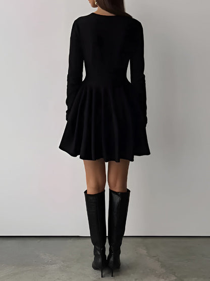 Alina | Womens Evening Round Neck Long Sleeve Flowy A-Line Midi Dress 9