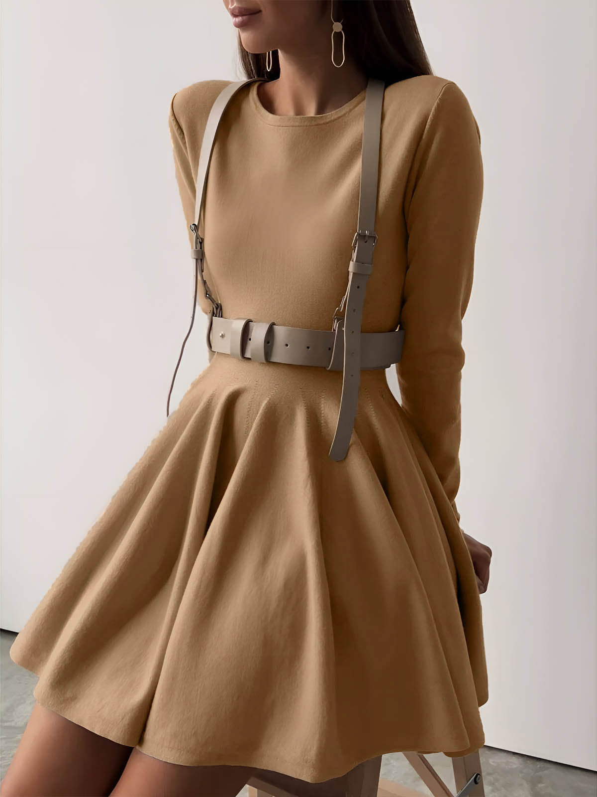 Alina | Womens Evening Round Neck Long Sleeve Flowy A-Line Midi Dress 10