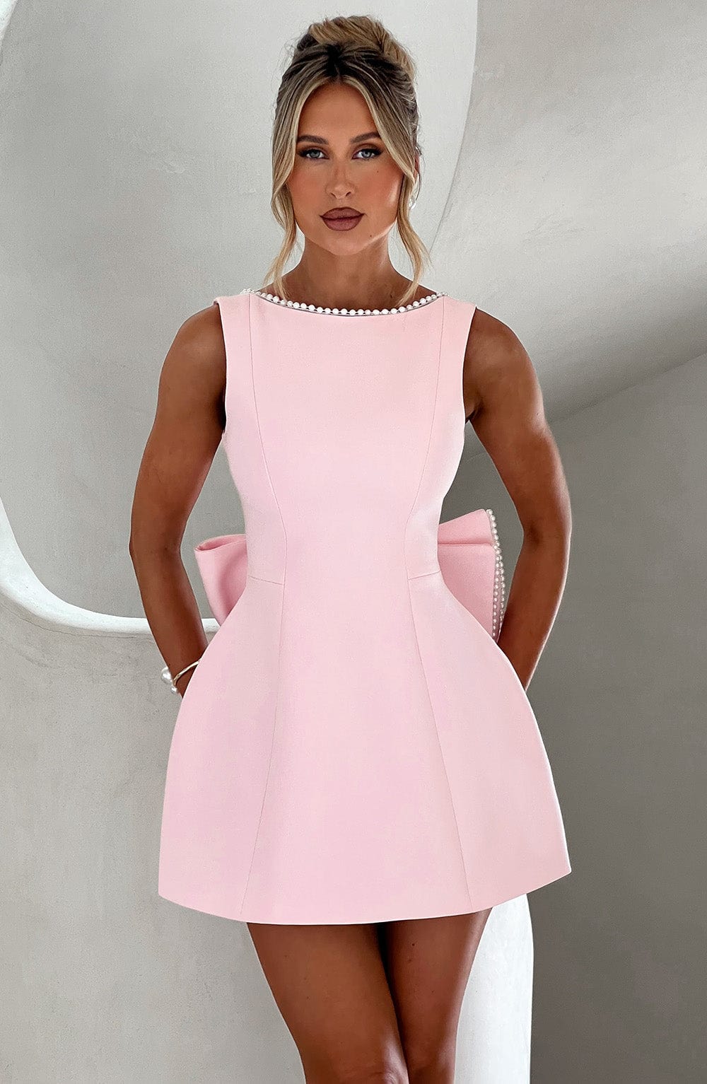 Amber | Womens Wedding Guest Satin Sleeveless Structured Tailored Mini Dress 1