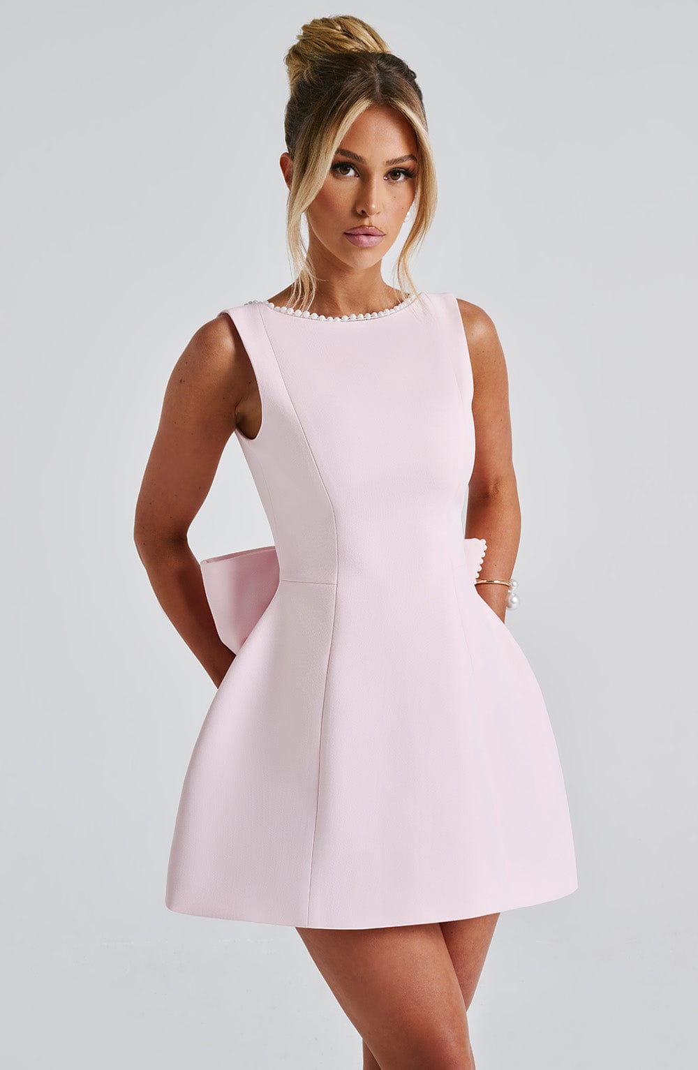 Amber | Womens Wedding Guest Satin Sleeveless Structured Tailored Mini Dress 2