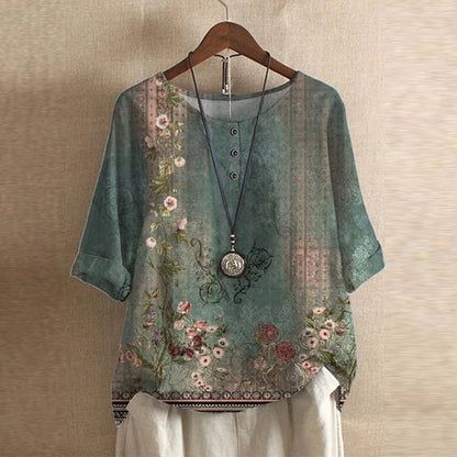 Anya | Womens Vintage-Inspired Relaxed Fit Round Neck Short Sleeve Floral Blouse 1