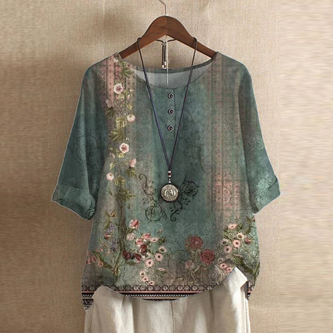 Anya | Womens Vintage-Inspired Relaxed Fit Round Neck Short Sleeve Floral Blouse 1