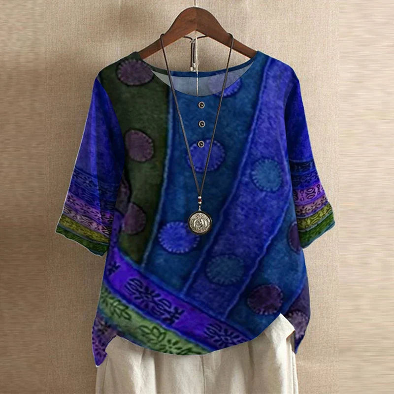 Anya | Womens Vintage-Inspired Relaxed Fit Round Neck Short Sleeve Floral Blouse 5