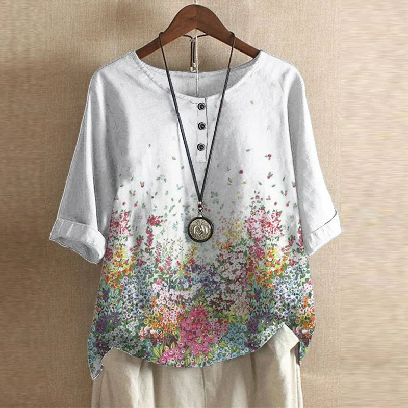 Anya | Womens Vintage-Inspired Relaxed Fit Round Neck Short Sleeve Floral Blouse 7