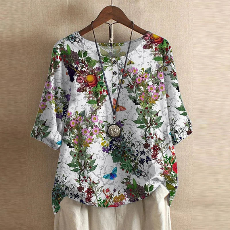 Anya | Womens Vintage-Inspired Relaxed Fit Round Neck Short Sleeve Floral Blouse 10