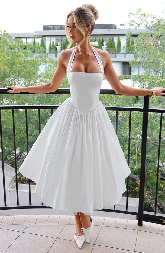Ariana | Womens Wedding Guest Satin Halter Sleeveless Fitted Clean Lines Midi Dress 1