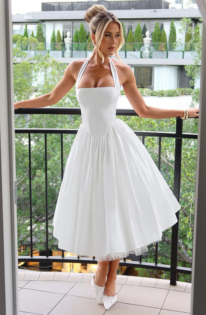 Ariana | Womens Wedding Guest Satin Halter Sleeveless Fitted Clean Lines Midi Dress 2