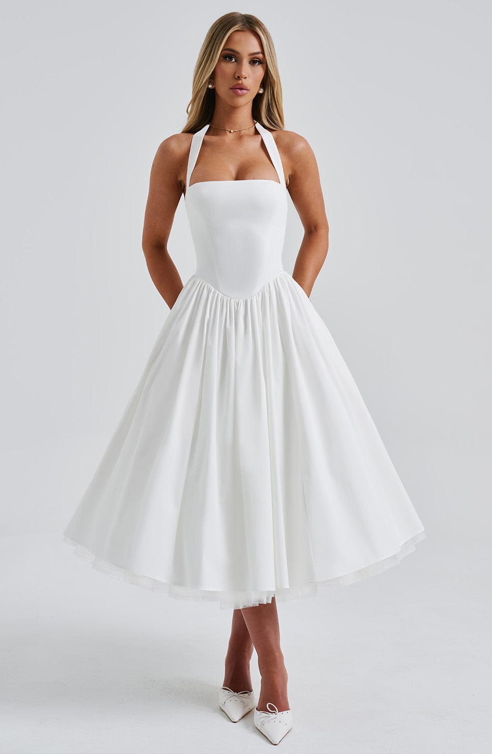 Ariana | Womens Wedding Guest Satin Halter Sleeveless Fitted Clean Lines Midi Dress 5