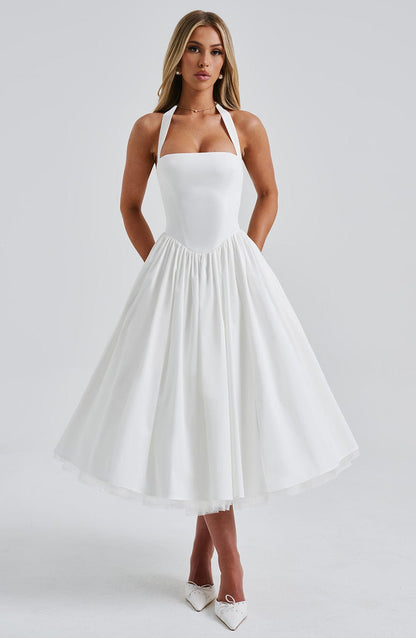 Ariana | Womens Wedding Guest Satin Halter Sleeveless Fitted Clean Lines Midi Dress 5