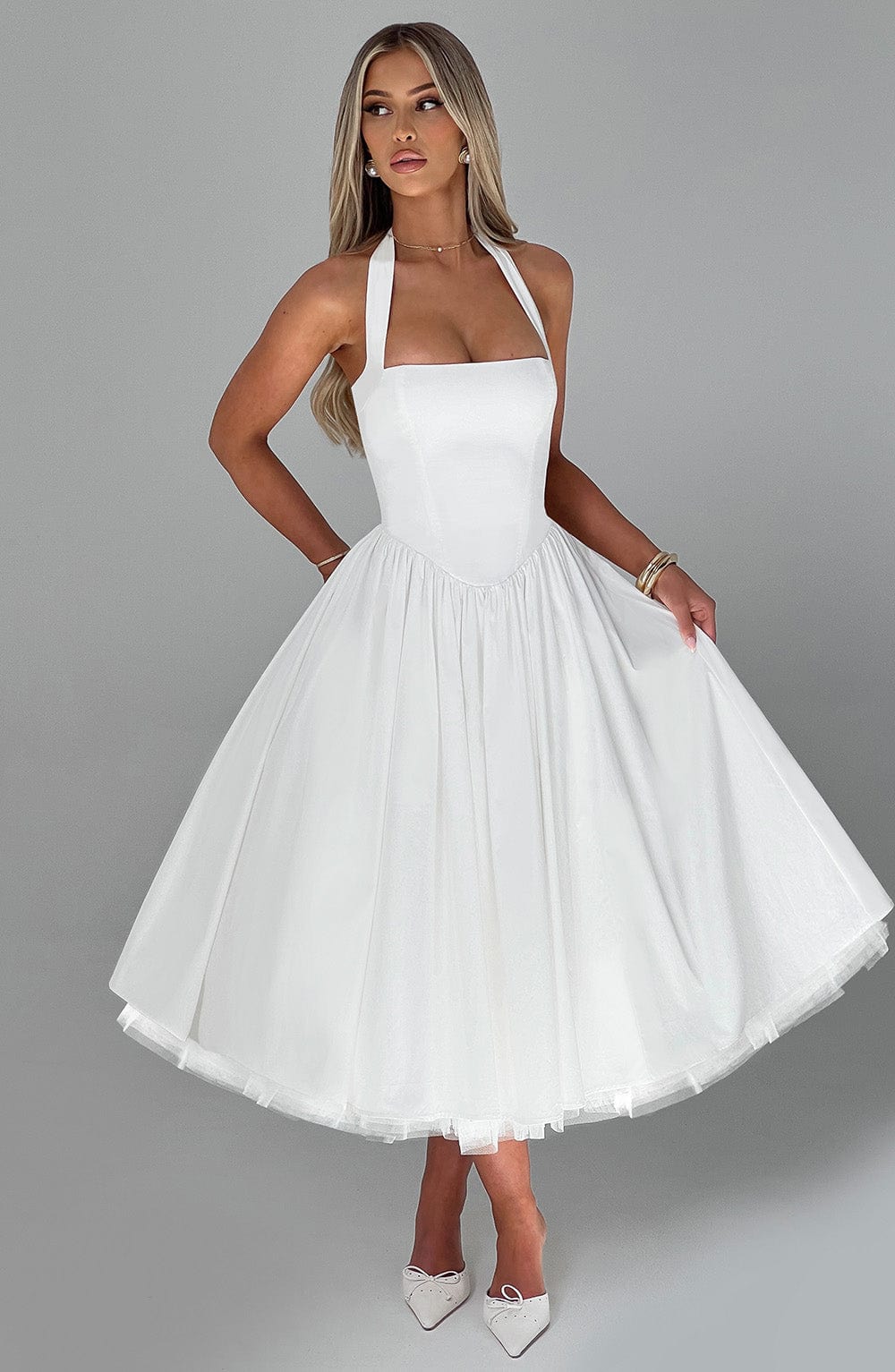 Ariana | Womens Wedding Guest Satin Halter Sleeveless Fitted Clean Lines Midi Dress 7