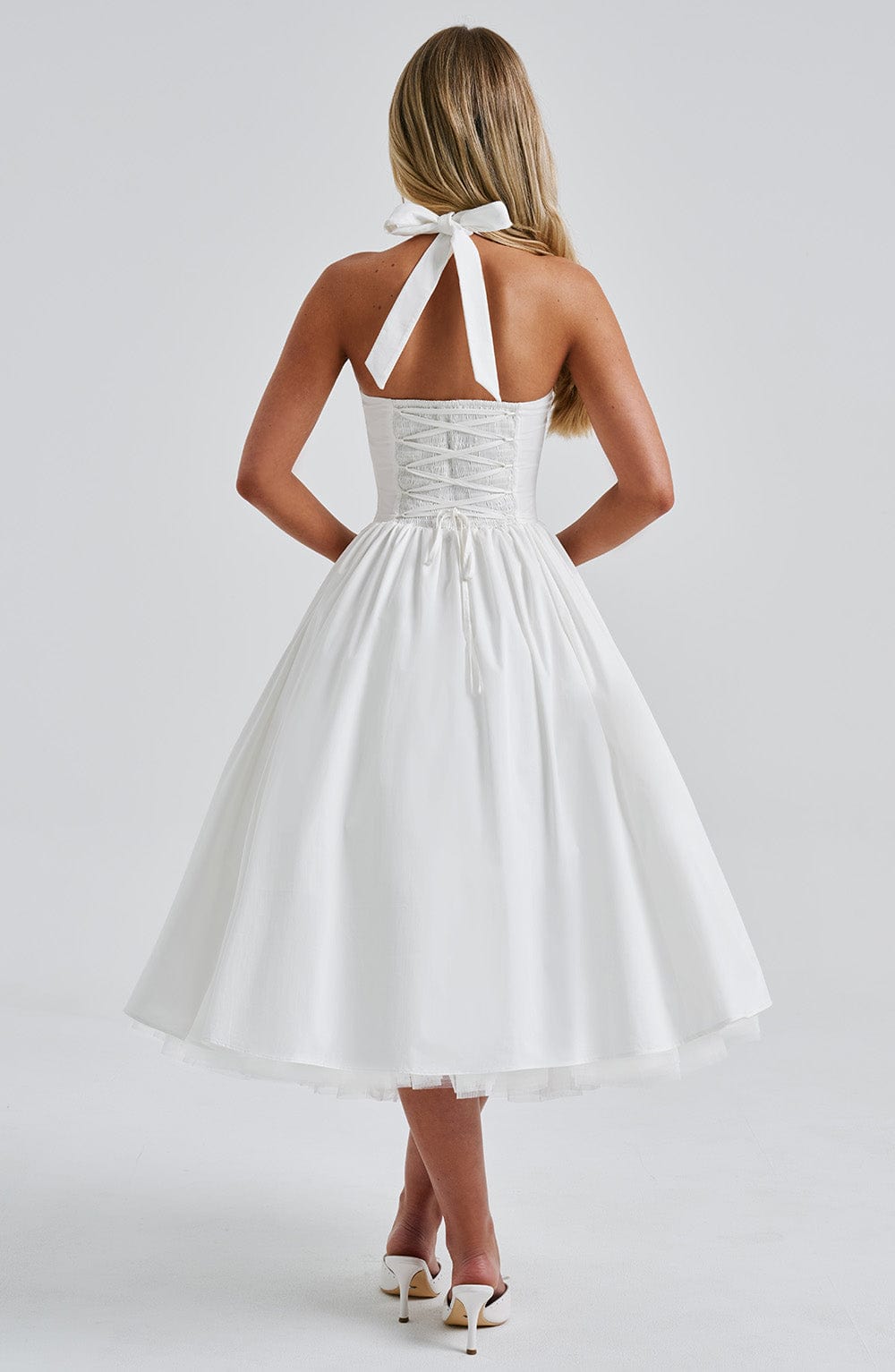 Ariana | Womens Wedding Guest Satin Halter Sleeveless Fitted Clean Lines Midi Dress 8