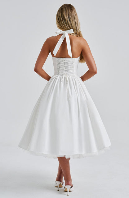 Ariana | Womens Wedding Guest Satin Halter Sleeveless Fitted Clean Lines Midi Dress 8