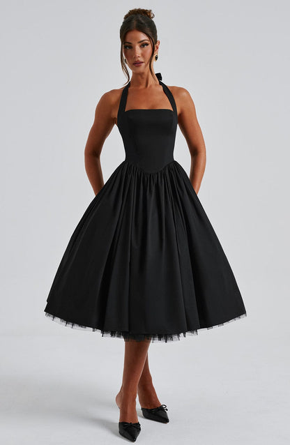 Ariana | Womens Wedding Guest Satin Halter Sleeveless Fitted Clean Lines Midi Dress 9