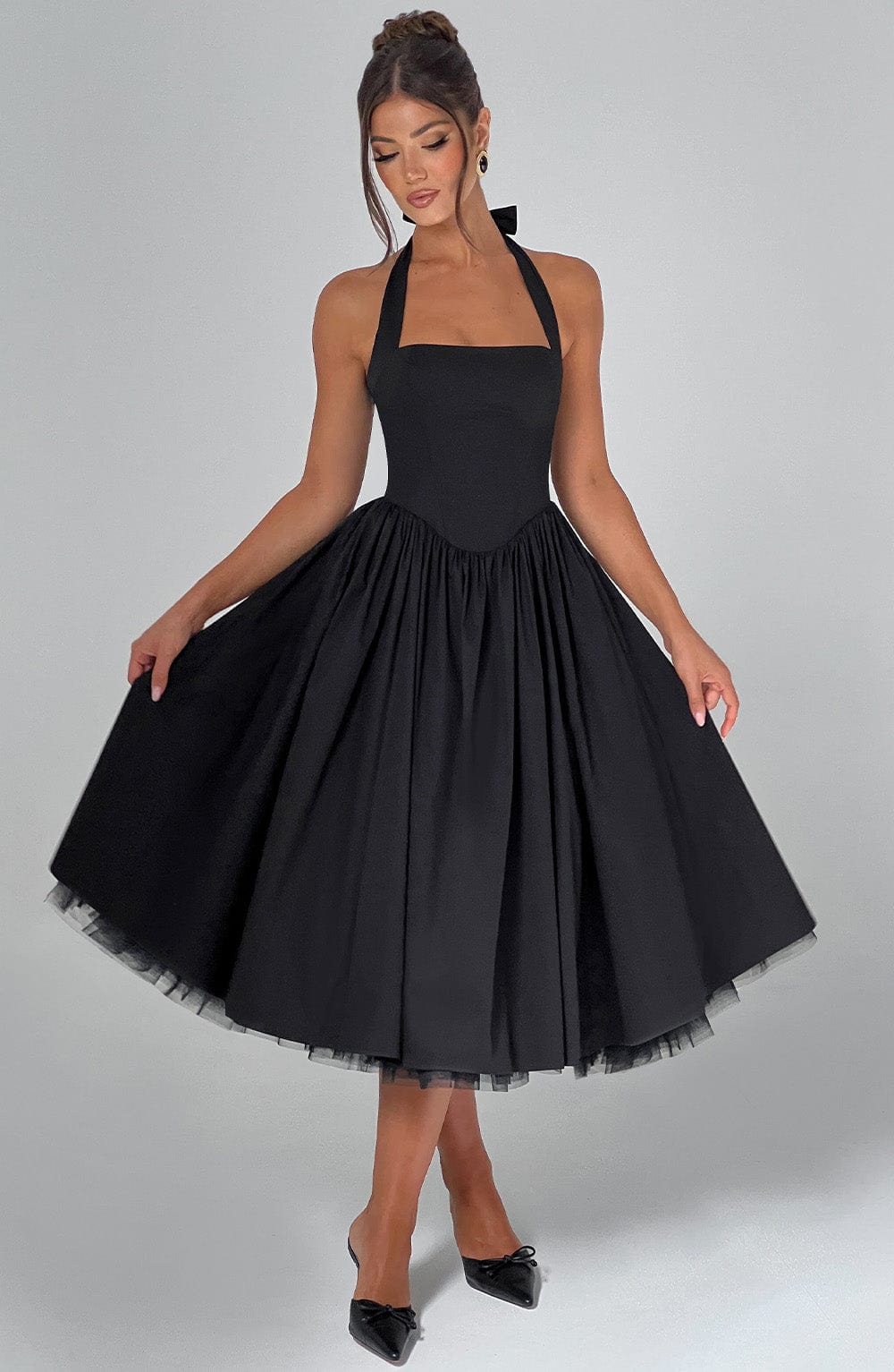 Ariana | Womens Wedding Guest Satin Halter Sleeveless Fitted Clean Lines Midi Dress 10