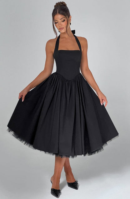 Ariana | Womens Wedding Guest Satin Halter Sleeveless Fitted Clean Lines Midi Dress 10