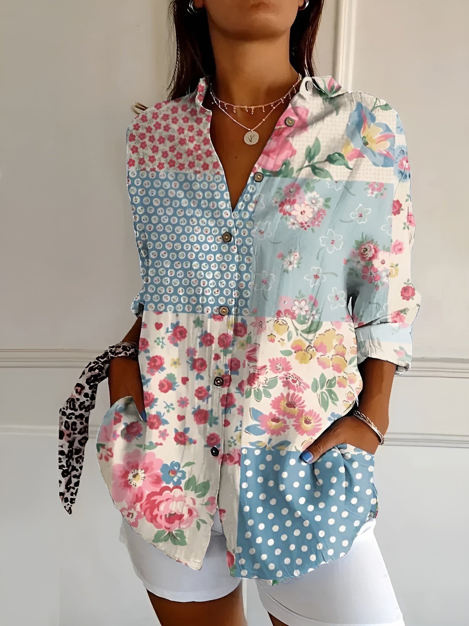 Avril | Womens Chic Relaxed Fit Round Neck Short Sleeve Whimsical Print Blouse 3