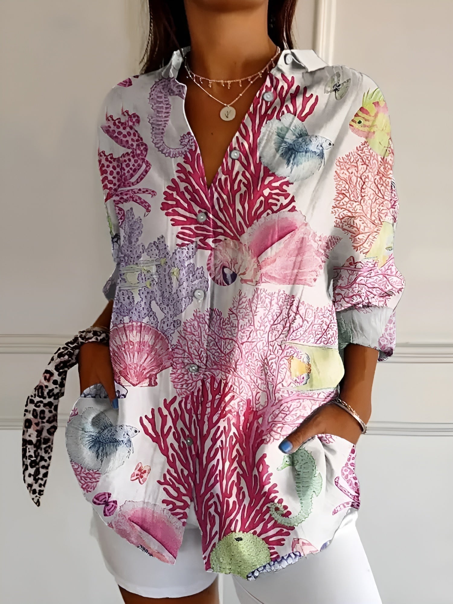 Avril | Womens Chic Relaxed Fit Round Neck Short Sleeve Whimsical Print Blouse 4