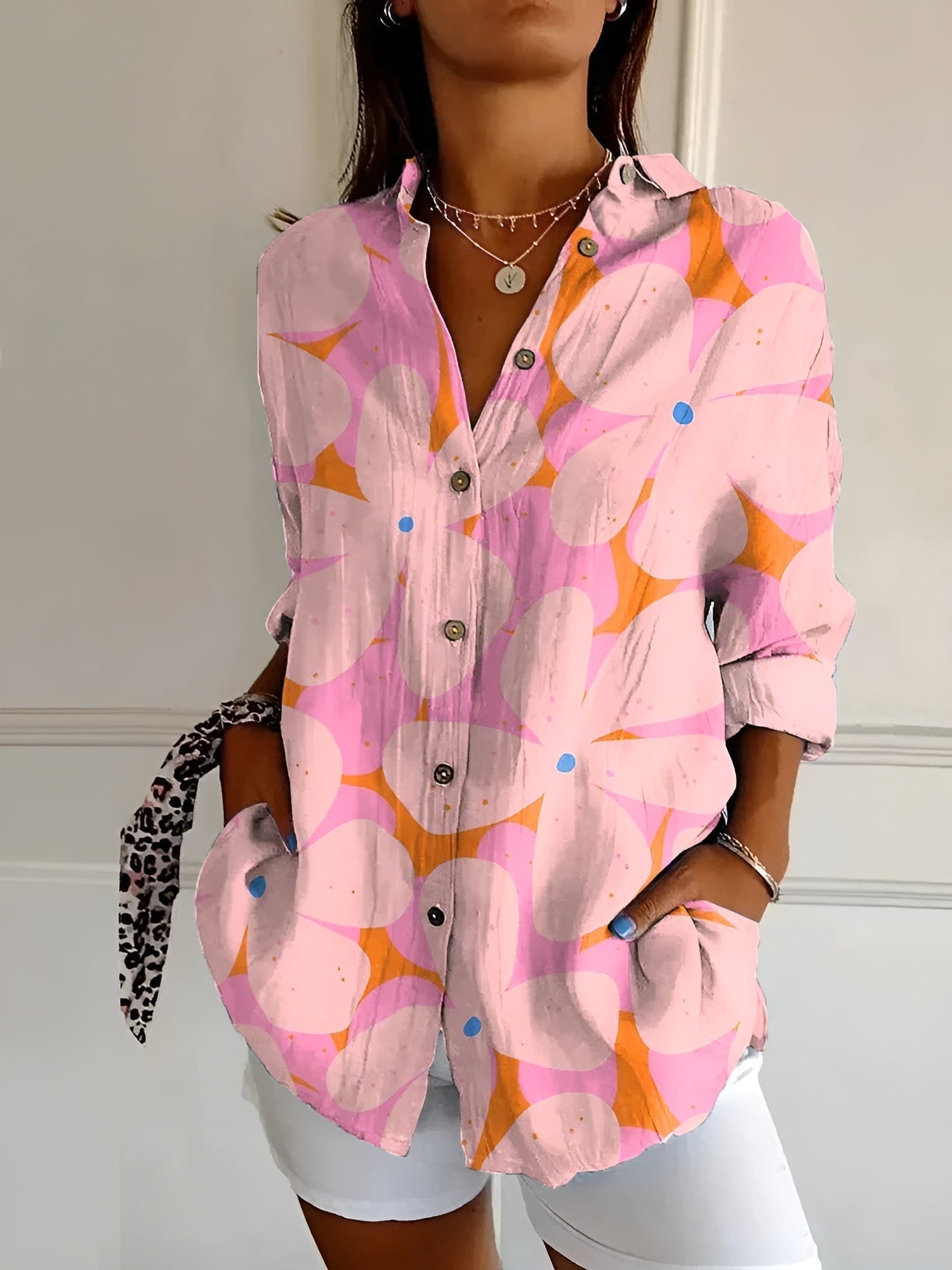 Avril | Womens Chic Relaxed Fit Round Neck Short Sleeve Whimsical Print Blouse 6