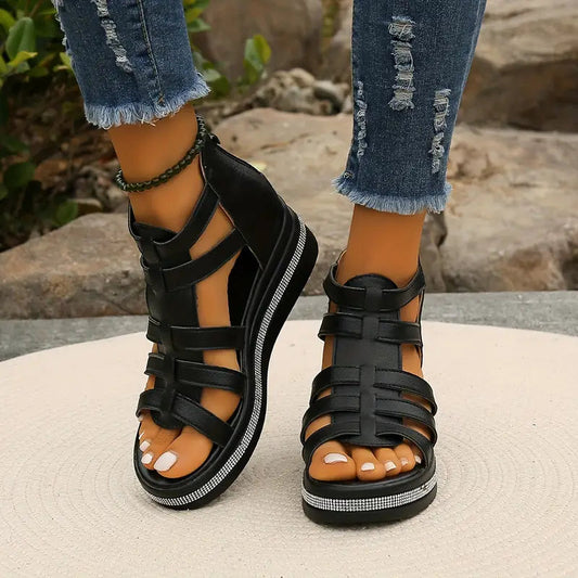 Axelle | Women Wedge Sandals Slip On Open Toe Rhinestone Elegant Summer Sandals 1