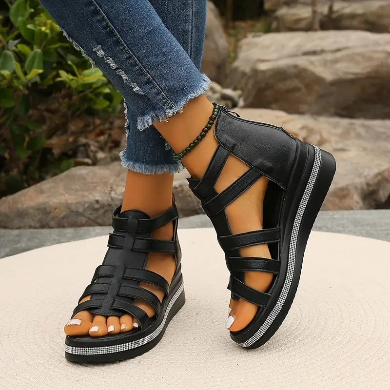Axelle | Women Wedge Sandals Slip On Open Toe Rhinestone Elegant Summer Sandals 2