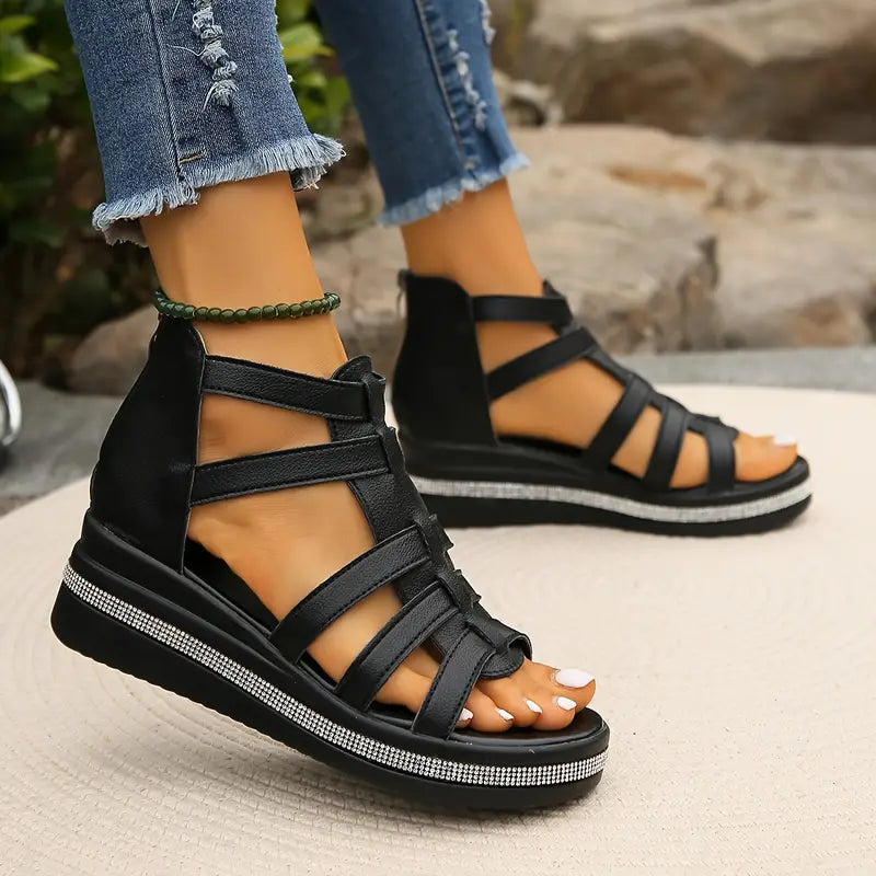 Axelle | Women Wedge Sandals Slip On Open Toe Rhinestone Elegant Summer Sandals 3