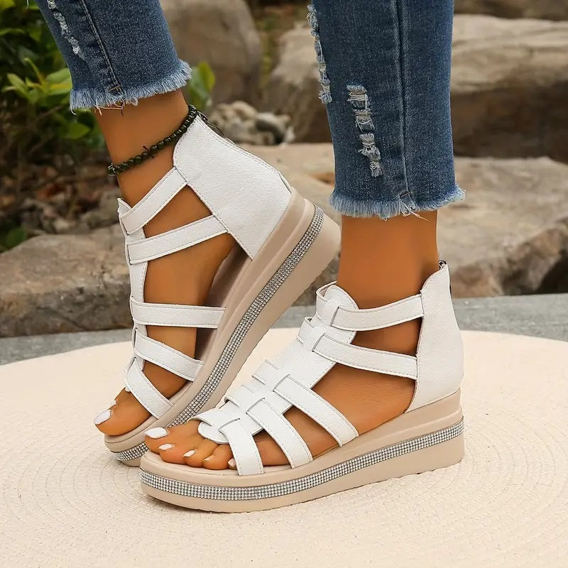 Axelle | Women Wedge Sandals Slip On Open Toe Rhinestone Elegant Summer Sandals 7