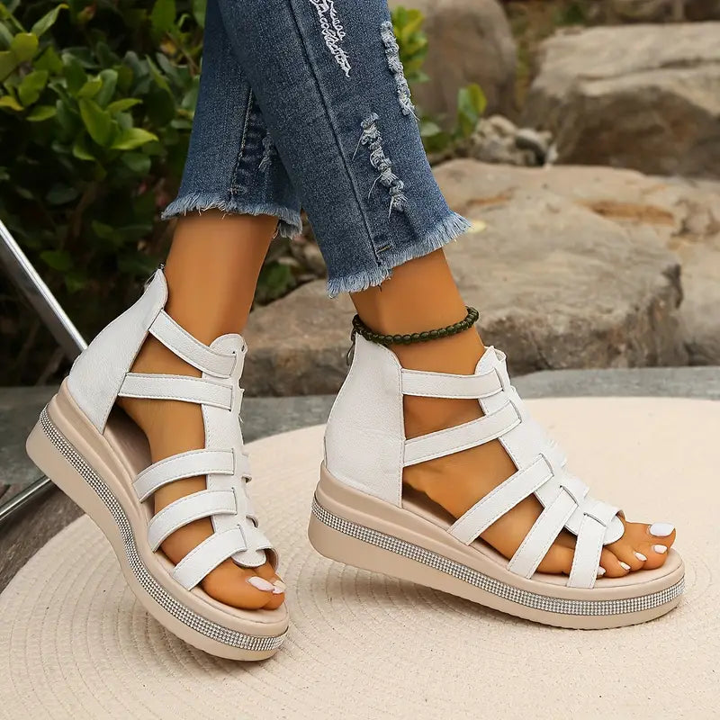 Axelle | Women Wedge Sandals Slip On Open Toe Rhinestone Elegant Summer Sandals 8