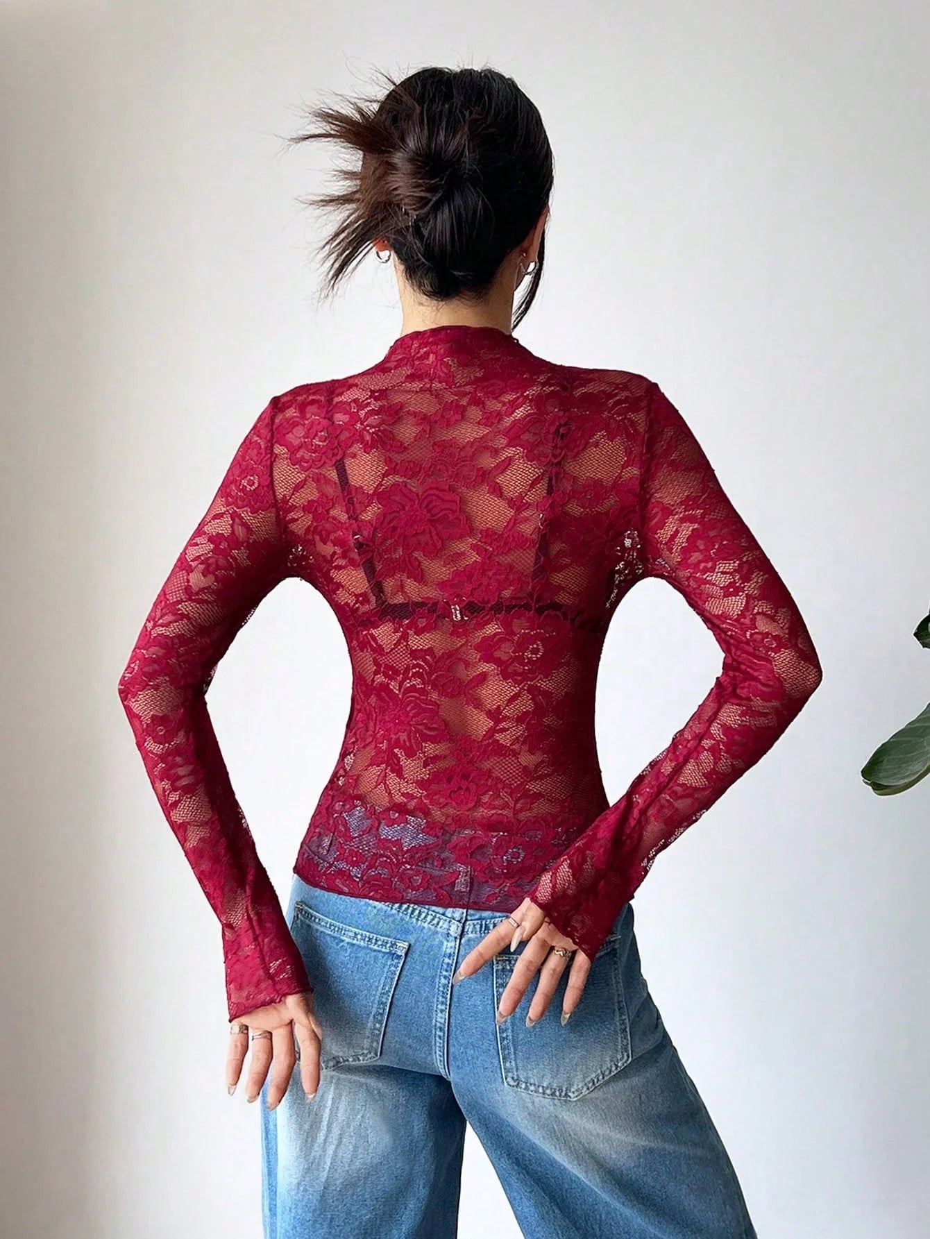 Lana | Sheer Floral Lace Top, Y2K Mesh Style Mock Neck Blouse with Elegant Flare Sleeves 3