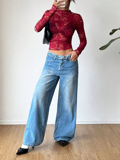 Lana | Sheer Floral Lace Top, Y2K Mesh Style Mock Neck Blouse with Elegant Flare Sleeves 4