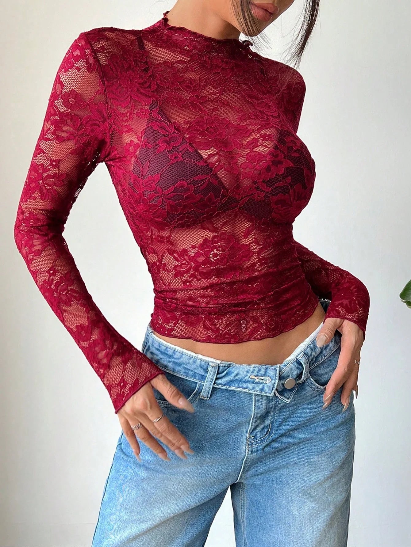 Lana | Sheer Floral Lace Top, Y2K Mesh Style Mock Neck Blouse with Elegant Flare Sleeves 5