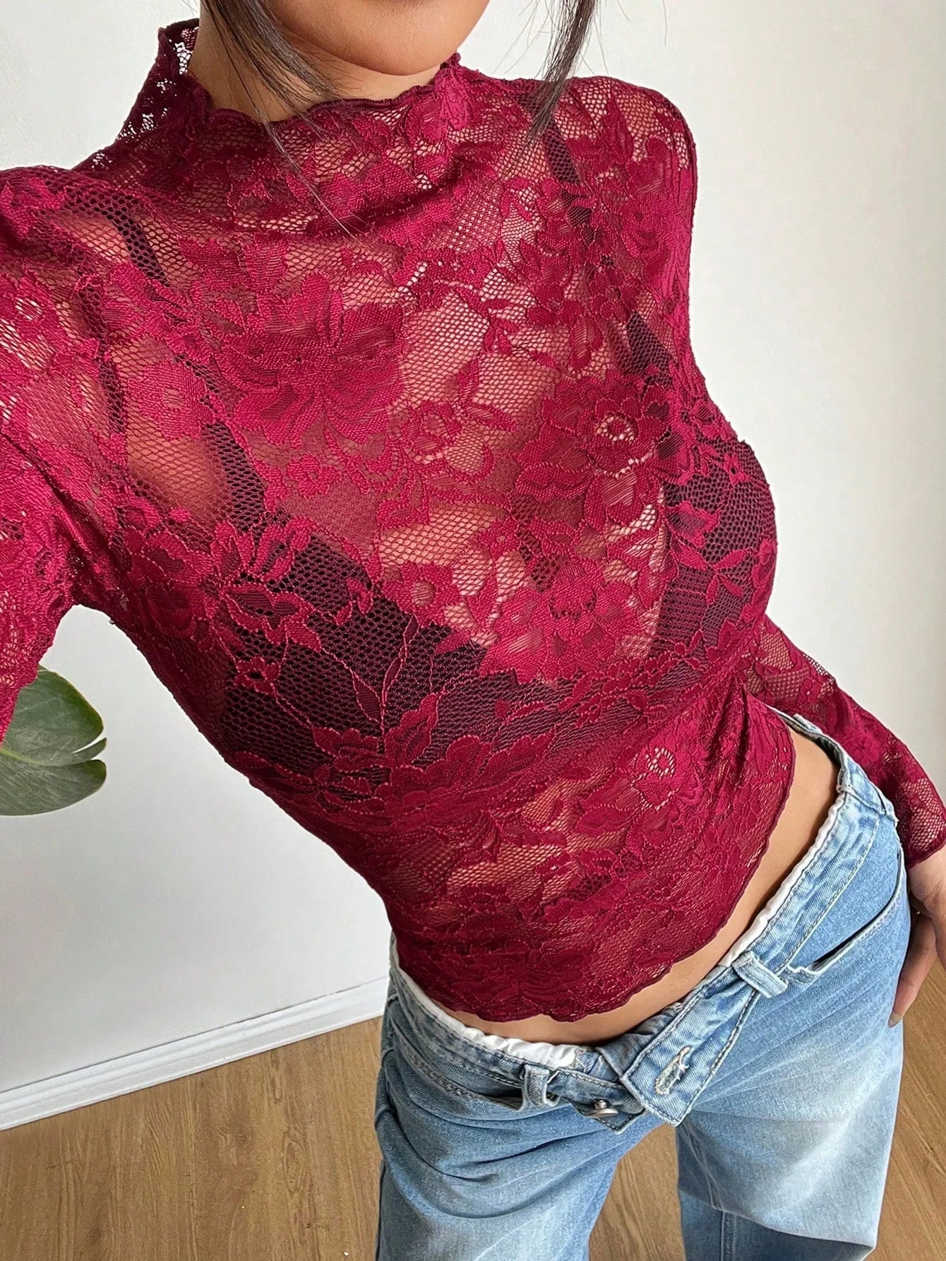 Lana | Sheer Floral Lace Top, Y2K Mesh Style Mock Neck Blouse with Elegant Flare Sleeves 6