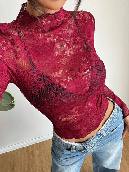 Lana | Sheer Floral Lace Top, Y2K Mesh Style Mock Neck Blouse with Elegant Flare Sleeves 6