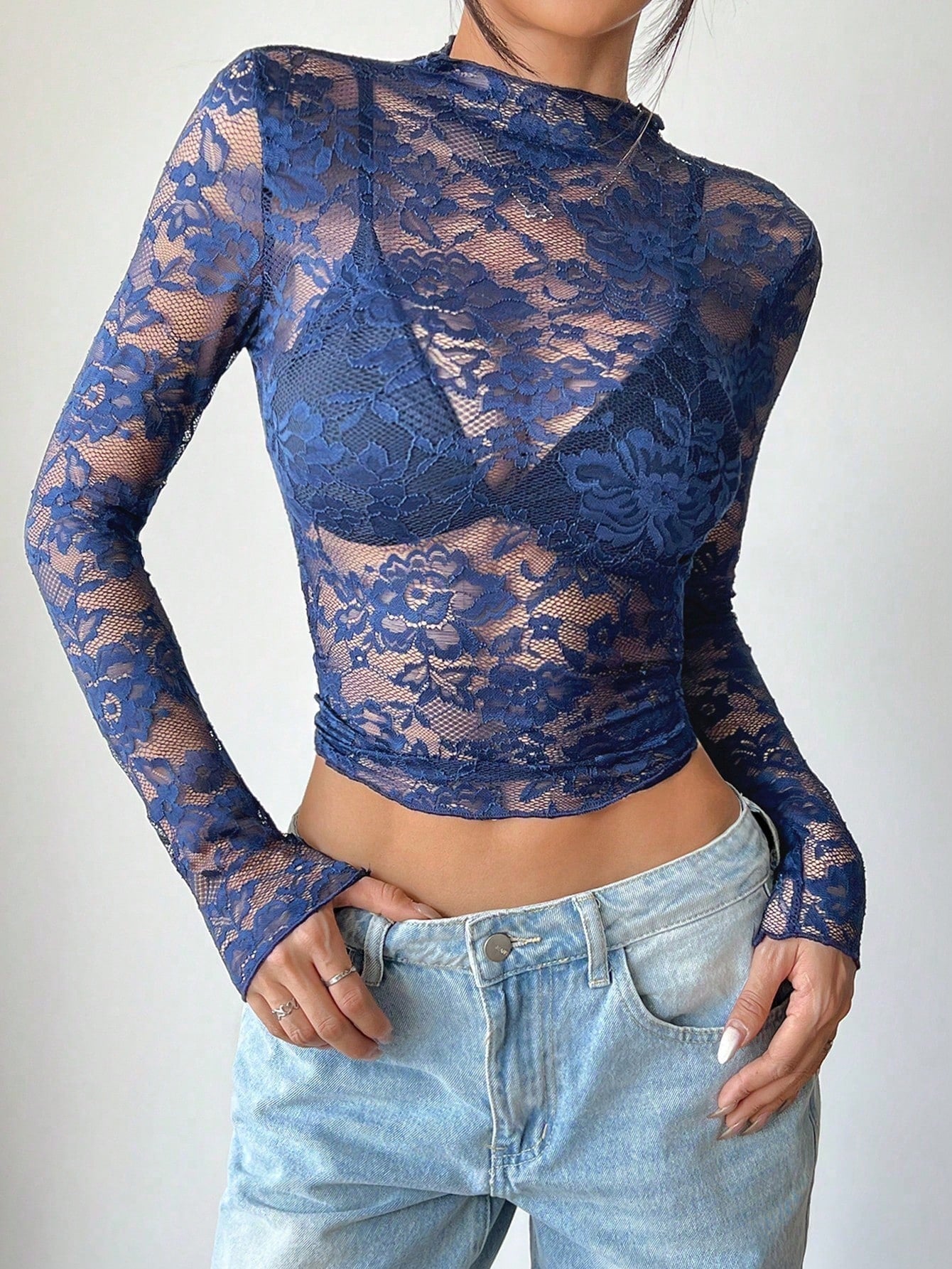 Lana | Sheer Floral Lace Top, Y2K Mesh Style Mock Neck Blouse with Elegant Flare Sleeves 9
