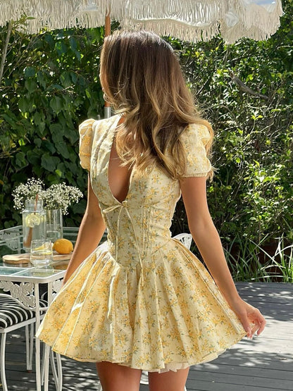 Liora | Womens Summer Puff Sleeve Fitted Wide Skirt Deep Back Midi Dress 5