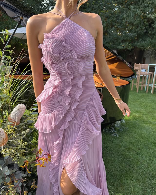 Brooklyn | Womens Wedding Guest Chiffon Halter Sleeveless Ruffle A-Line Maxi Dress 4