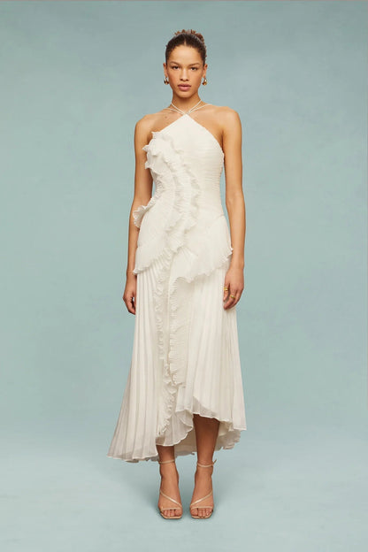 Brooklyn | Womens Wedding Guest Chiffon Halter Sleeveless Ruffle A-Line Maxi Dress 6
