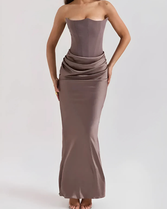 Brooklyn | Womens Wedding Guest Satin Draped Sleeveless Fitted Flowing Maxi Dress 1