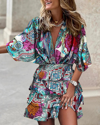 Brunch Boho Printed V-Neck Ruffle Mini Dress | Mira 6